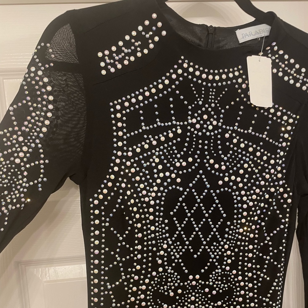 NWT mesh and jeweled long sleeve mini dress.